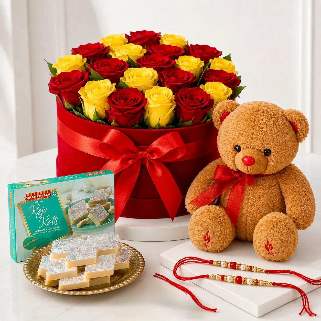 Golden Rose Celebration Combo with 21 yellow and red roses, teddy, kaju katli and two premium rakhis in a gift box